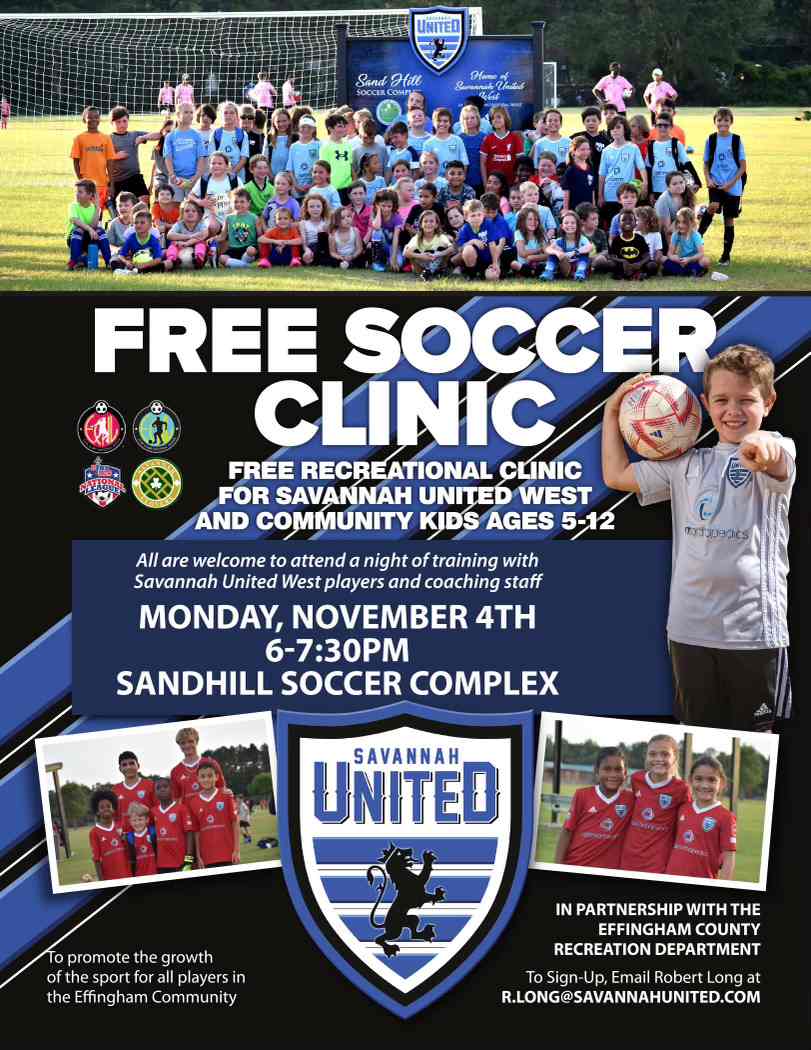 Free Soccer Clinic on Monday November 4, 2024 6-7:30pm at Sandhill Soccer Complex